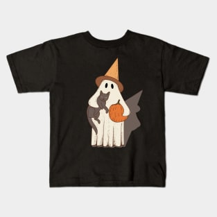 Vintage Ghost with Cat Halloween Graphic Kids T-Shirt